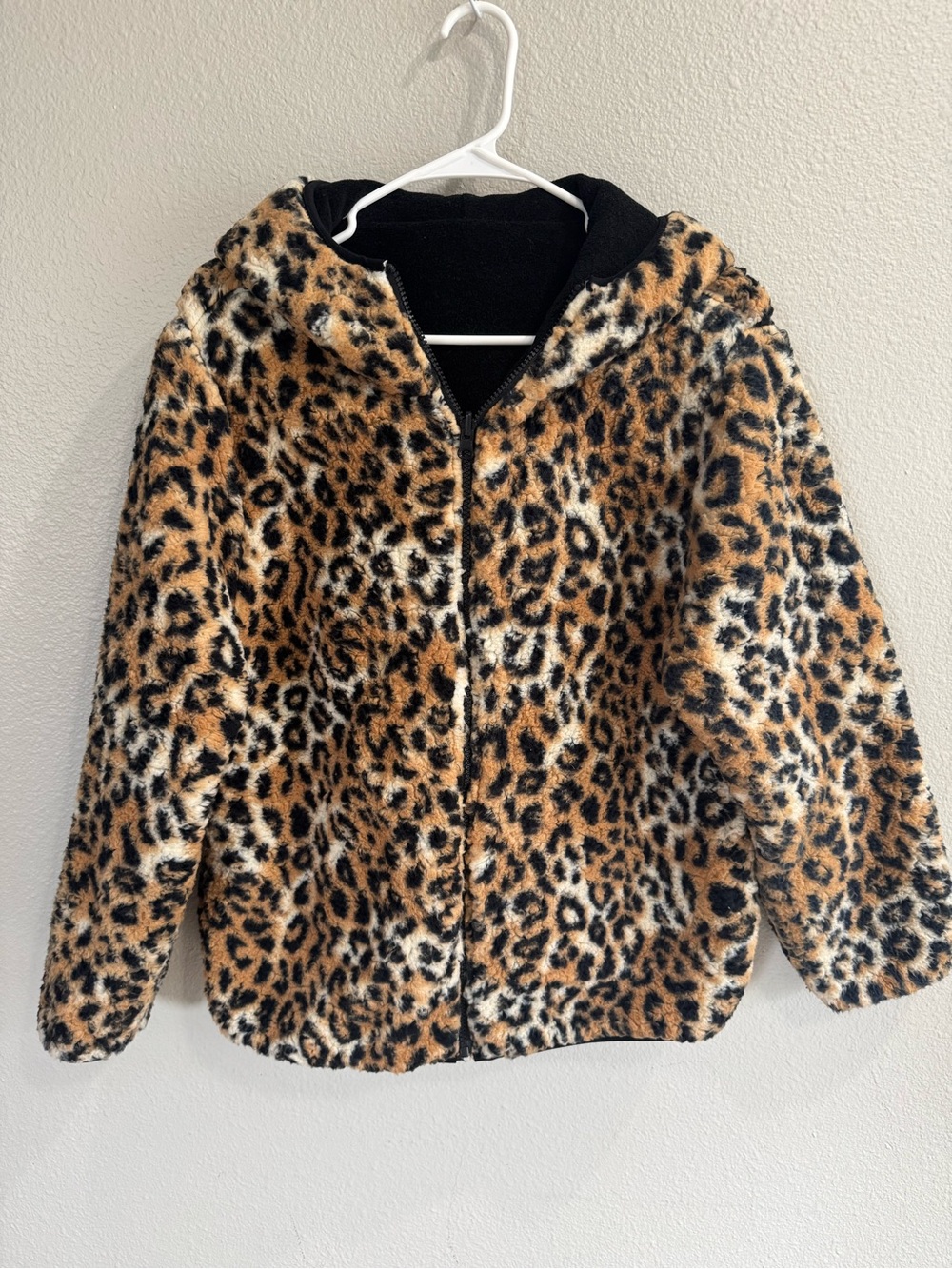 Reflex faux-fur leopard-print zip-up hooded jacket reversible SZ L